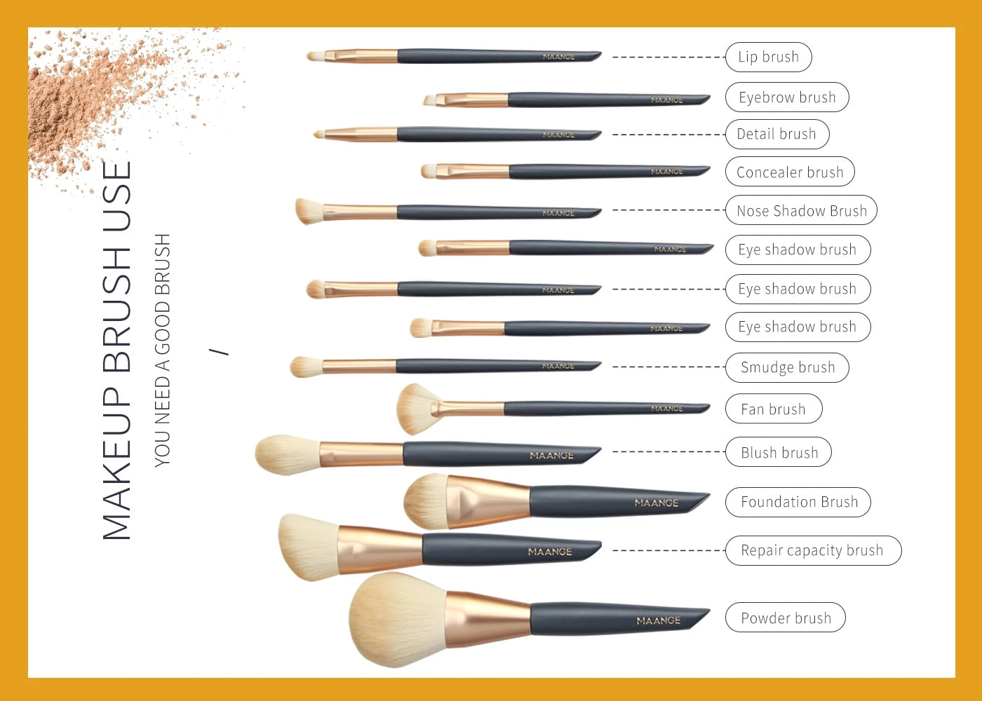 A. MAANGE Golden Eclipse Makeup Brushes - Set of 14 Pcs